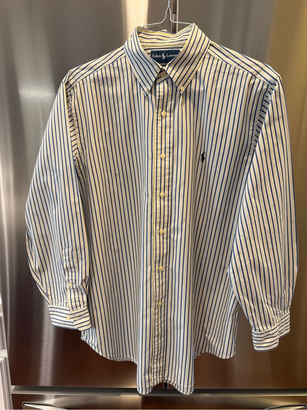 Vintage Ralph Lauren Blue and Yellow Striped Classic Fit Dress Shirt